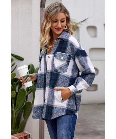 Womens Casual Plaid Wool Blend Shacket Button Down Long Sleeve Lapel Collar Shirts Coats Navy Blue $15.80 Blouses