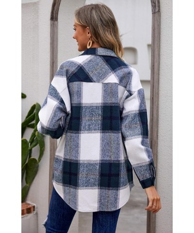 Womens Casual Plaid Wool Blend Shacket Button Down Long Sleeve Lapel Collar Shirts Coats Navy Blue $15.80 Blouses