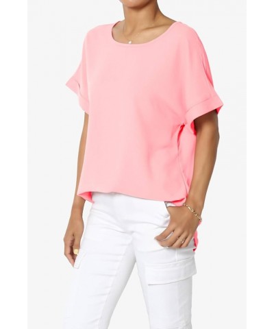 Women's Casual Office Cuffed Dolman Short Sleeve Boat Neck Loose Chiffon Top Dobby Bright Pink $9.24 Tops