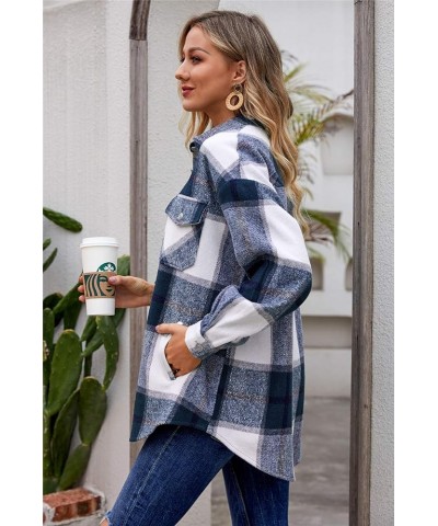 Womens Casual Plaid Wool Blend Shacket Button Down Long Sleeve Lapel Collar Shirts Coats Navy Blue $15.80 Blouses