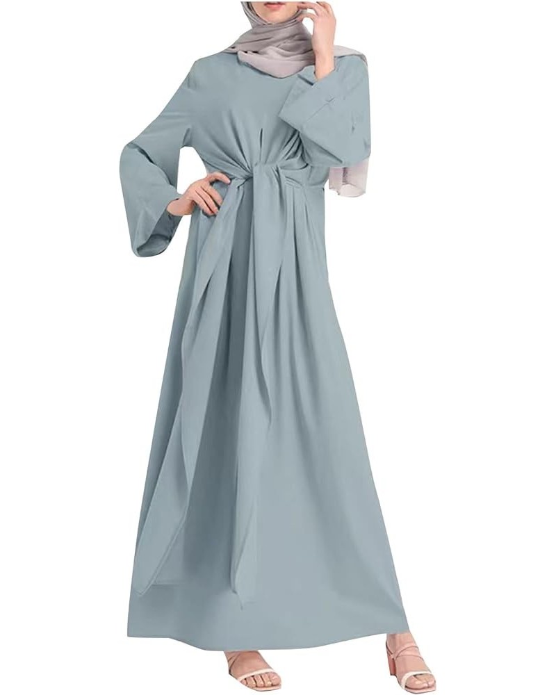 Muslim Dresses for Women Long Retro Hooded Long Sleeve Solid Color Round Neck Maxi Dresses 2-light Blue $13.72 Dresses