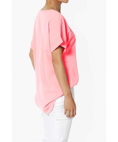 Women's Casual Office Cuffed Dolman Short Sleeve Boat Neck Loose Chiffon Top Dobby Bright Pink $9.24 Tops