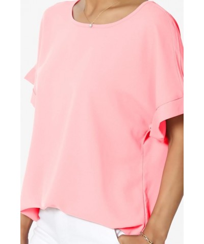 Women's Casual Office Cuffed Dolman Short Sleeve Boat Neck Loose Chiffon Top Dobby Bright Pink $9.24 Tops