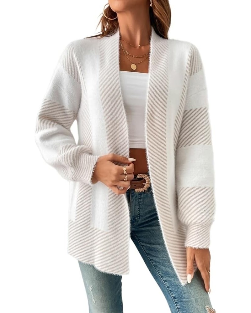 Women's 2023 Summer and Autumn Casual Open-Front C Frenchy Striped Pattern Drop Shoulder Cardigan X-Small White $35.56 Sweaters