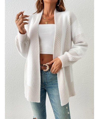 Women's 2023 Summer and Autumn Casual Open-Front C Frenchy Striped Pattern Drop Shoulder Cardigan X-Small White $35.56 Sweaters