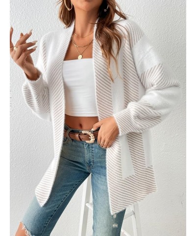 Women's 2023 Summer and Autumn Casual Open-Front C Frenchy Striped Pattern Drop Shoulder Cardigan X-Small White $35.56 Sweaters