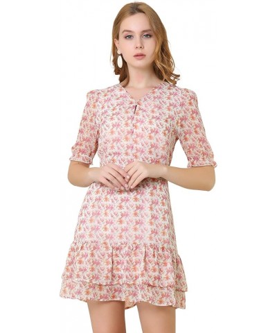 Women's Short Sleeve Layered Ruffled Hem Elegant Watercolor Floral Chiffon Dress Pink $19.37 Dresses