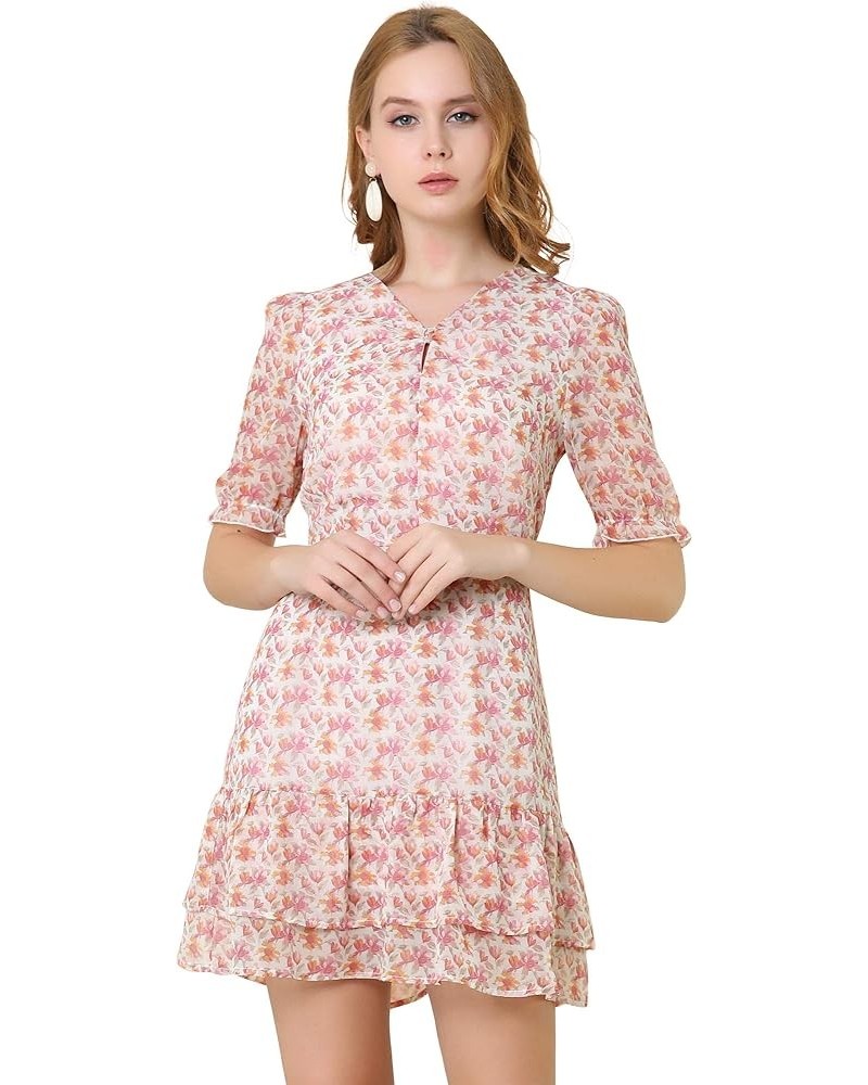 Women's Short Sleeve Layered Ruffled Hem Elegant Watercolor Floral Chiffon Dress Pink $19.37 Dresses