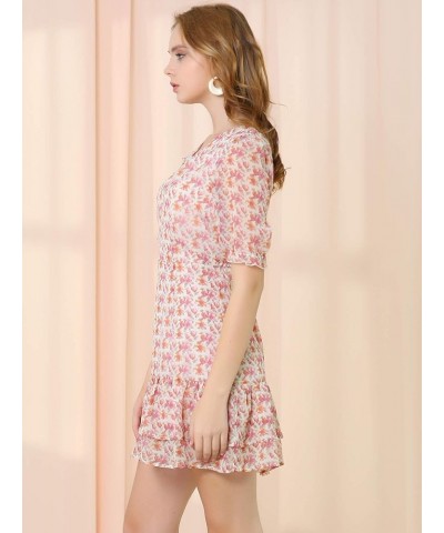 Women's Short Sleeve Layered Ruffled Hem Elegant Watercolor Floral Chiffon Dress Pink $19.37 Dresses