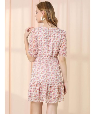 Women's Short Sleeve Layered Ruffled Hem Elegant Watercolor Floral Chiffon Dress Pink $19.37 Dresses