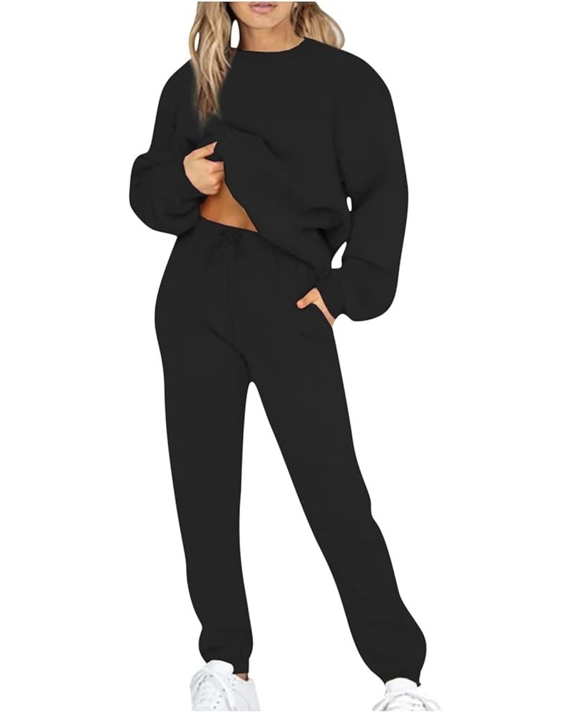 Women's Workout Outfits 2 Pieces Jogger Tracksuit Long Sleeve Tops Plus Size High Waist Pants Sweat Suits C black $10.06 Acti...