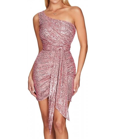 Women's Sexy Sequin Sparkly One Shoulder Sleeveless Wrap Ruched Bodycon Party Mini Dress Pink $22.88 Dresses