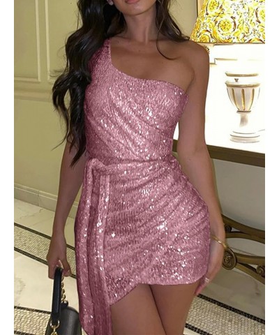 Women's Sexy Sequin Sparkly One Shoulder Sleeveless Wrap Ruched Bodycon Party Mini Dress Pink $22.88 Dresses