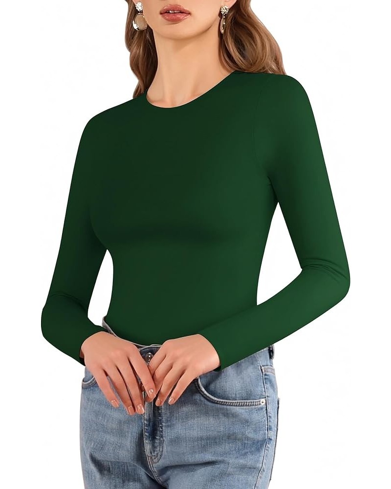 Crew Neck Long Sleeve T Shirts for Women Fitted Shirts Tight Neck T Shirts Basic Tee Tops Long Sleeve Long Sleeve Deep Green ...