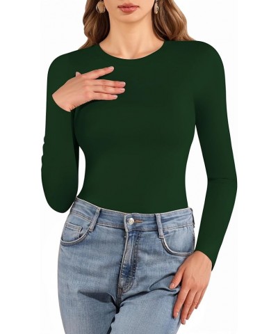 Crew Neck Long Sleeve T Shirts for Women Fitted Shirts Tight Neck T Shirts Basic Tee Tops Long Sleeve Long Sleeve Deep Green ...