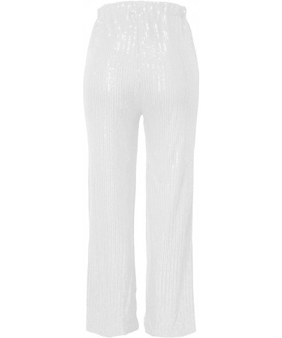 Sequins Wide Leg Pants for Women Loose Elastic High Waist Shiny Casual Party Glitter Bling Straight Leg Dress Pants White $11...