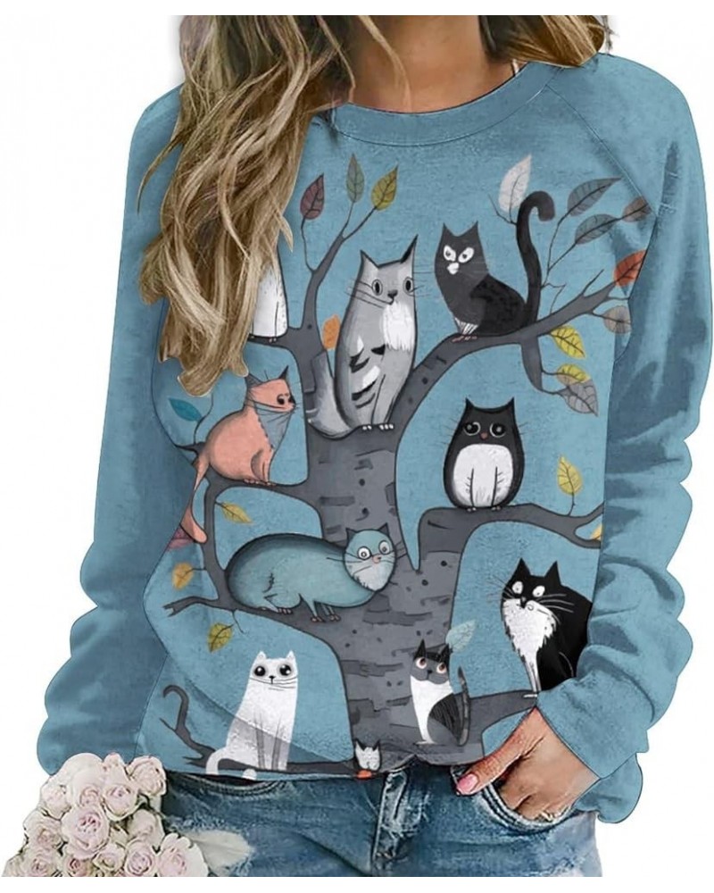 Cat Sweatshirts for Women Plus Size Novelty Funny Graphic Sweatshirts Crewneck Long Sleeve Trendy Cute Kitty Pullover Blue $1...