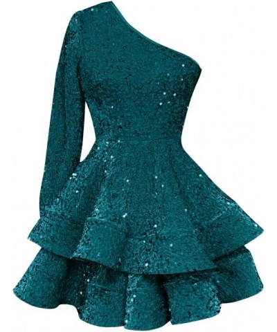 Women's One Shoulder Sequin Homecoming Dress Short Sparkly Layered Long Sleeve Cocktail Gowns Teal $26.95 Dresses