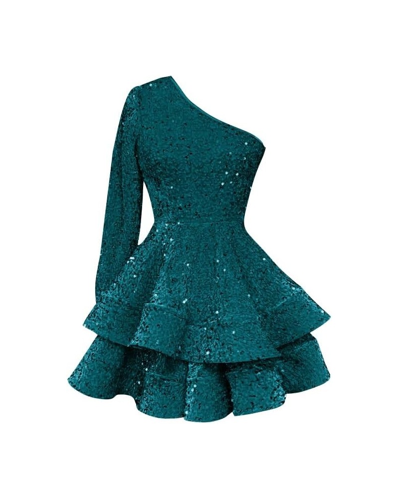 Women's One Shoulder Sequin Homecoming Dress Short Sparkly Layered Long Sleeve Cocktail Gowns Teal $26.95 Dresses