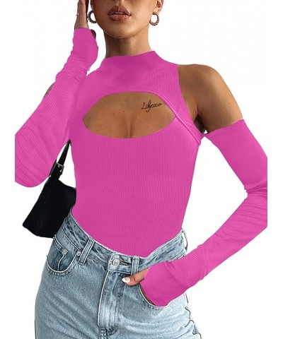 Women's Sexy Cut Out Long Sleeve Top Ribbed Knit Crew Neck T Shirt T Shirt Hot Pink $12.31 T-Shirts