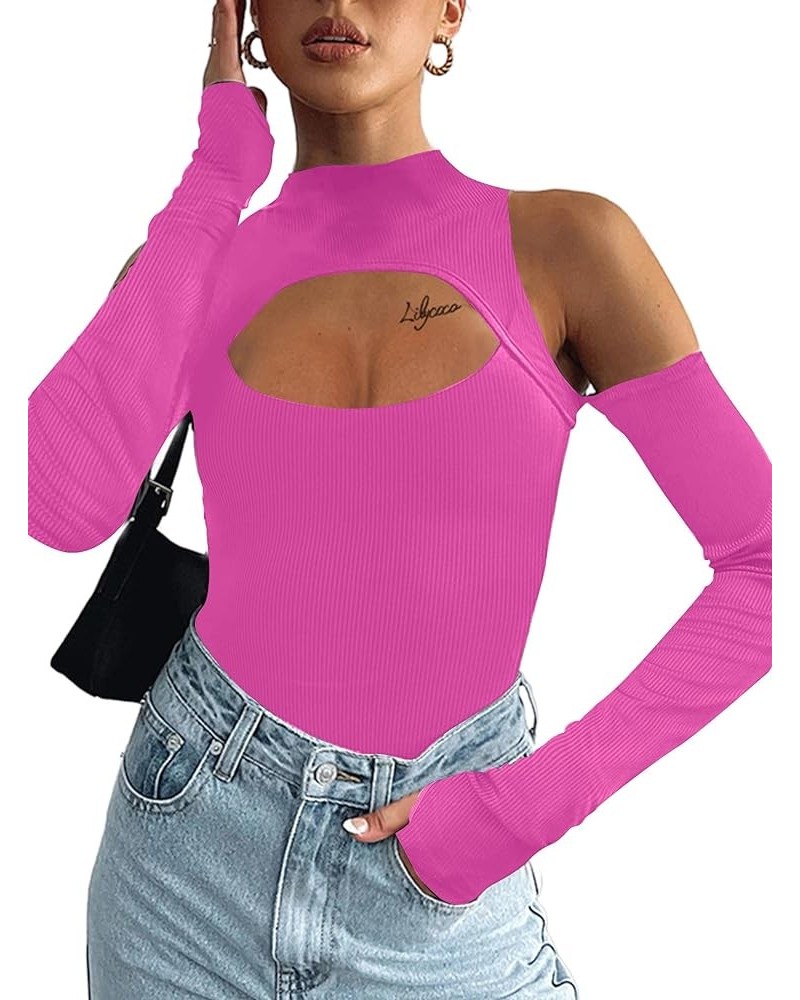 Women's Sexy Cut Out Long Sleeve Top Ribbed Knit Crew Neck T Shirt T Shirt Hot Pink $12.31 T-Shirts