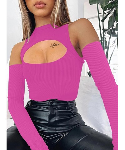 Women's Sexy Cut Out Long Sleeve Top Ribbed Knit Crew Neck T Shirt T Shirt Hot Pink $12.31 T-Shirts