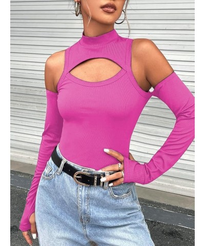 Women's Sexy Cut Out Long Sleeve Top Ribbed Knit Crew Neck T Shirt T Shirt Hot Pink $12.31 T-Shirts