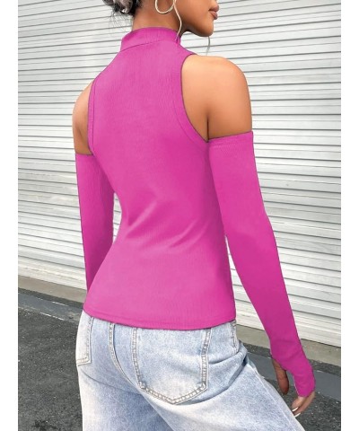 Women's Sexy Cut Out Long Sleeve Top Ribbed Knit Crew Neck T Shirt T Shirt Hot Pink $12.31 T-Shirts