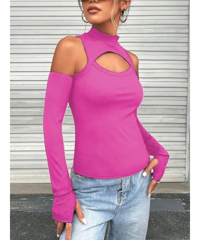 Women's Sexy Cut Out Long Sleeve Top Ribbed Knit Crew Neck T Shirt T Shirt Hot Pink $12.31 T-Shirts