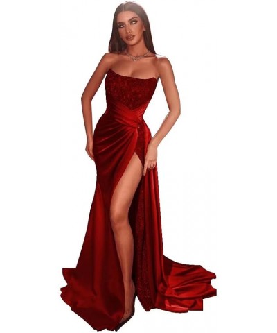 Glitter Mermaid Sequin Prom Dresses with Slit 2022 Long Satin Strapless Stretch Formal Evening Party Gowns for Women 612 Wine...