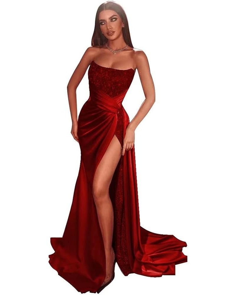 Glitter Mermaid Sequin Prom Dresses with Slit 2022 Long Satin Strapless Stretch Formal Evening Party Gowns for Women 612 Wine...