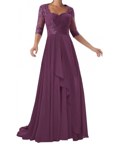 Chiffon Mother of The Bride Dresses 3/4 Sleeve Long Lace Applique Formal Wedding Guest Evening Gowns Plum $26.00 Dresses