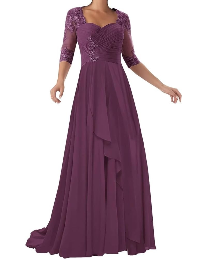 Chiffon Mother of The Bride Dresses 3/4 Sleeve Long Lace Applique Formal Wedding Guest Evening Gowns Plum $26.00 Dresses