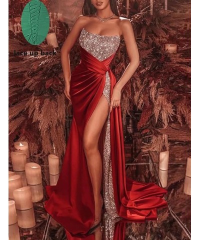 Glitter Mermaid Sequin Prom Dresses with Slit 2022 Long Satin Strapless Stretch Formal Evening Party Gowns for Women 612 Wine...