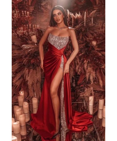 Glitter Mermaid Sequin Prom Dresses with Slit 2022 Long Satin Strapless Stretch Formal Evening Party Gowns for Women 612 Wine...