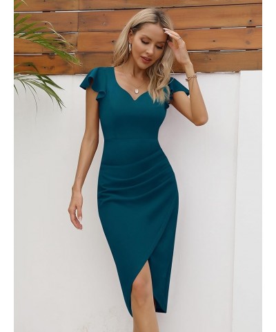 Women's Ruffle Flutter Sleeve Sweetheart Ruched Wrap Bodycon Summer Party Formal Midi Slit Dress Peacock Blue $11.13 Dresses