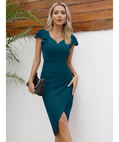 Women's Ruffle Flutter Sleeve Sweetheart Ruched Wrap Bodycon Summer Party Formal Midi Slit Dress Peacock Blue $11.13 Dresses