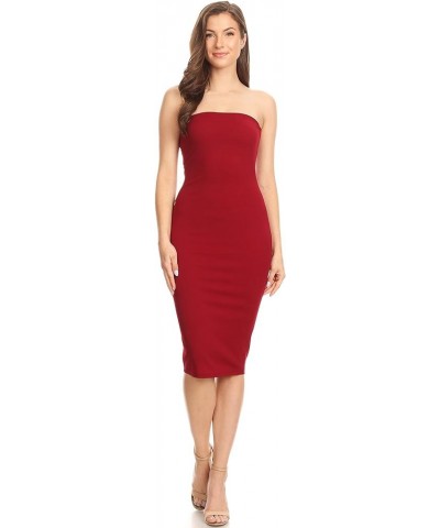 Women's Casual Solid Comfy Sexy Strapless Midi Bodycon Tube Dress/Made in USA Hdr00006 Burgundy $11.77 Dresses