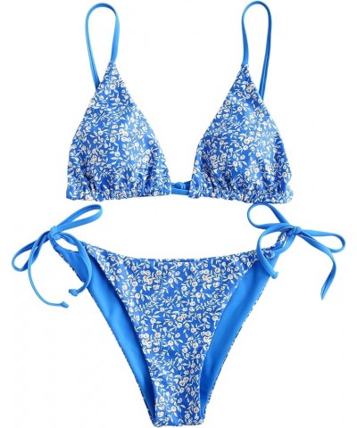 Women's Triangle Bikini Floral String Bikini Set Two Piece Swimsuit Bathing Suits 2-ocean Blue $16.77 Swimsuits