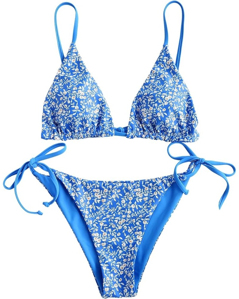 Women's Triangle Bikini Floral String Bikini Set Two Piece Swimsuit Bathing Suits 2-ocean Blue $16.77 Swimsuits