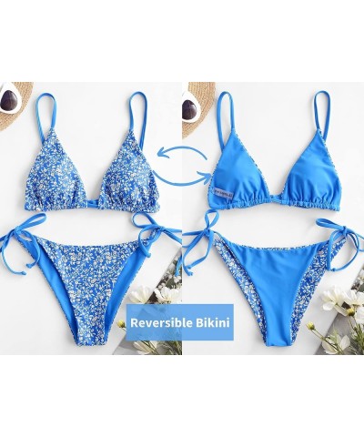 Women's Triangle Bikini Floral String Bikini Set Two Piece Swimsuit Bathing Suits 2-ocean Blue $16.77 Swimsuits