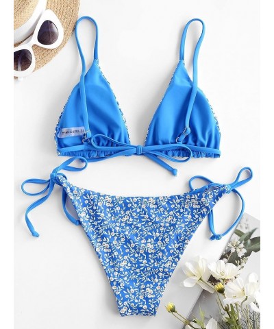 Women's Triangle Bikini Floral String Bikini Set Two Piece Swimsuit Bathing Suits 2-ocean Blue $16.77 Swimsuits