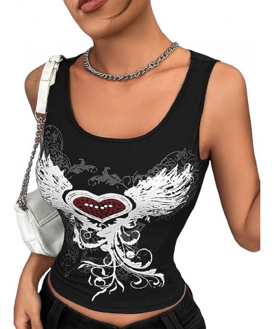 Women's Y2k Graphic Crop Tank Top Scoop Neck Sleeveless Summer Tops Black Heart $13.24 Tanks