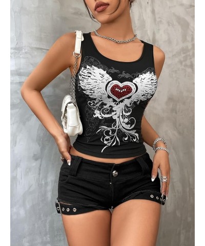 Women's Y2k Graphic Crop Tank Top Scoop Neck Sleeveless Summer Tops Black Heart $13.24 Tanks