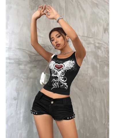 Women's Y2k Graphic Crop Tank Top Scoop Neck Sleeveless Summer Tops Black Heart $13.24 Tanks