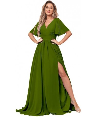 Ruffle Sleeve Bridesmaid Dresses for Wedding Long Chiffon V Neck Pleated Formal Dresses with Slit Floor Length Olive Green $3...