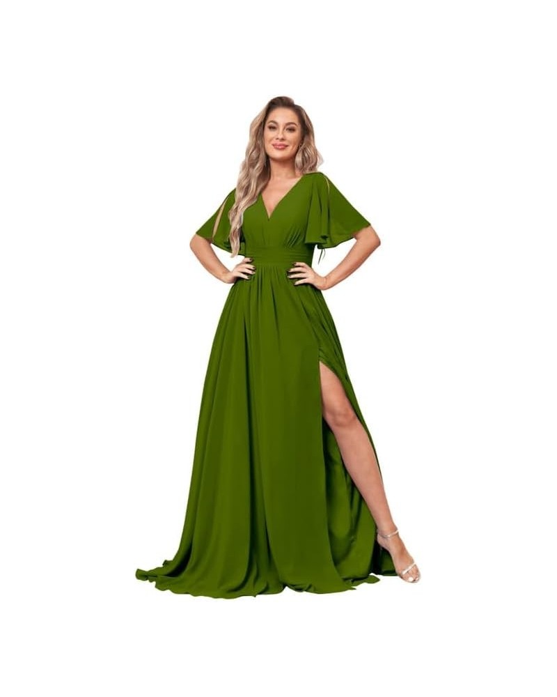 Ruffle Sleeve Bridesmaid Dresses for Wedding Long Chiffon V Neck Pleated Formal Dresses with Slit Floor Length Olive Green $3...