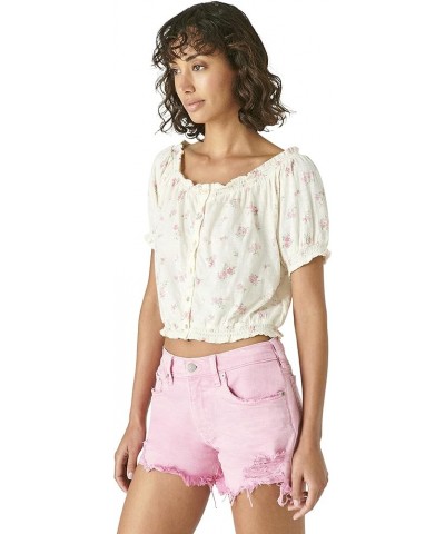 Women's Short Sleeve Feminine Buble Hem with Buttons Cream Multi $10.49 Blouses