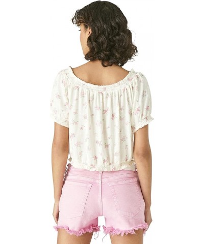 Women's Short Sleeve Feminine Buble Hem with Buttons Cream Multi $10.49 Blouses