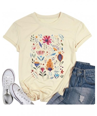 Flower Shirt for Women Cute Floral Print T-Shirt Summer Wild Flower Graphic Short Sleeve Tops Apricot $11.27 Activewear